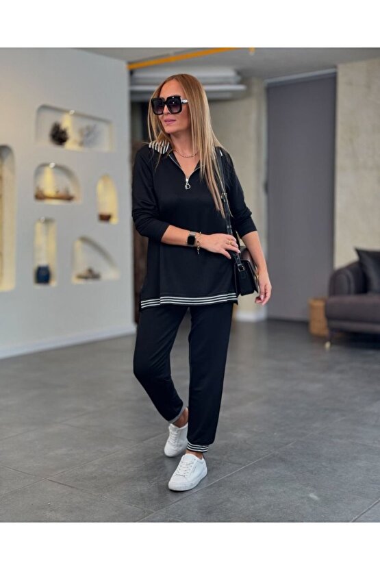 Gökyüzü Moda Kadın Uzun Kollu Ribana Ve Fermuar Detay Bluz Ve Yüksel Bel Pantolon 2li Takım