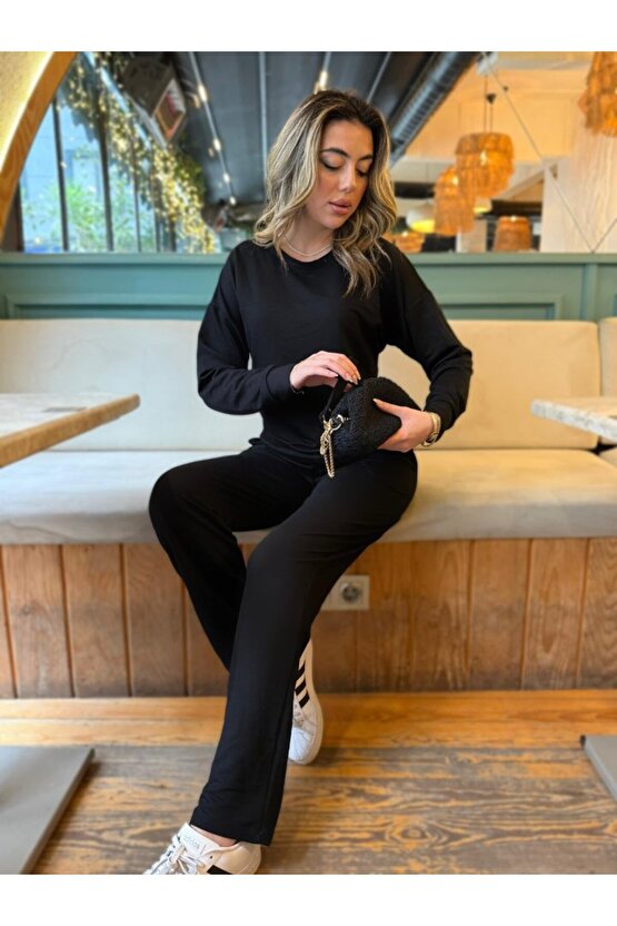 Gökyüzü Moda Kadın Uzun Kollu Bisiklet Yaka Viskon Iki Iplik Bluz Ve Pantolon Ikili Takım