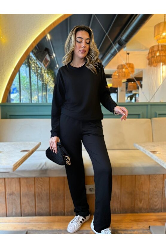 Gökyüzü Moda Kadın Uzun Kollu Bisiklet Yaka Viskon Iki Iplik Bluz Ve Pantolon Ikili Takım