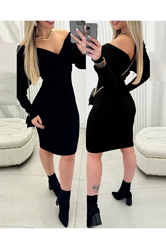 Kadın Uzun Kollu Omuzlardan Açık Kruvaze Yaka Kısa Triko Elbise
