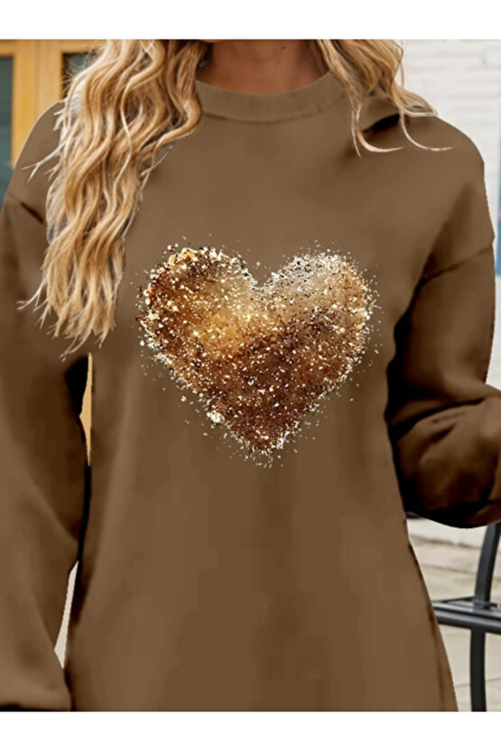 Gökyüzü Moda Kadın Uzun Kollu Bisiklet Yaka Kalp Desenli Viskon Iki Iplik Bluz