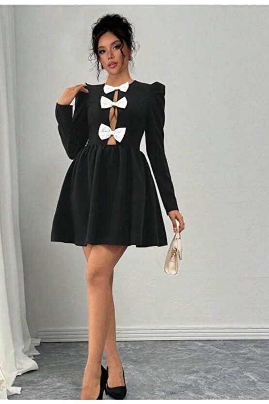 Gökyüzü Moda Kadın Dalgıç Kumaş Fiyonk Detaylı Uzun Kollu Mini Boy Elbise