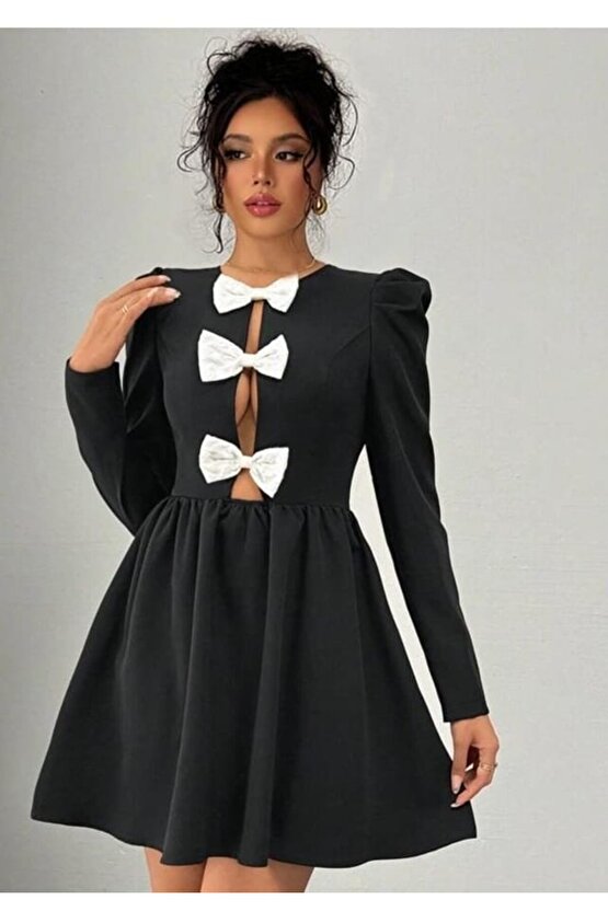 Gökyüzü Moda Kadın Dalgıç Kumaş Fiyonk Detaylı Uzun Kollu Mini Boy Elbise