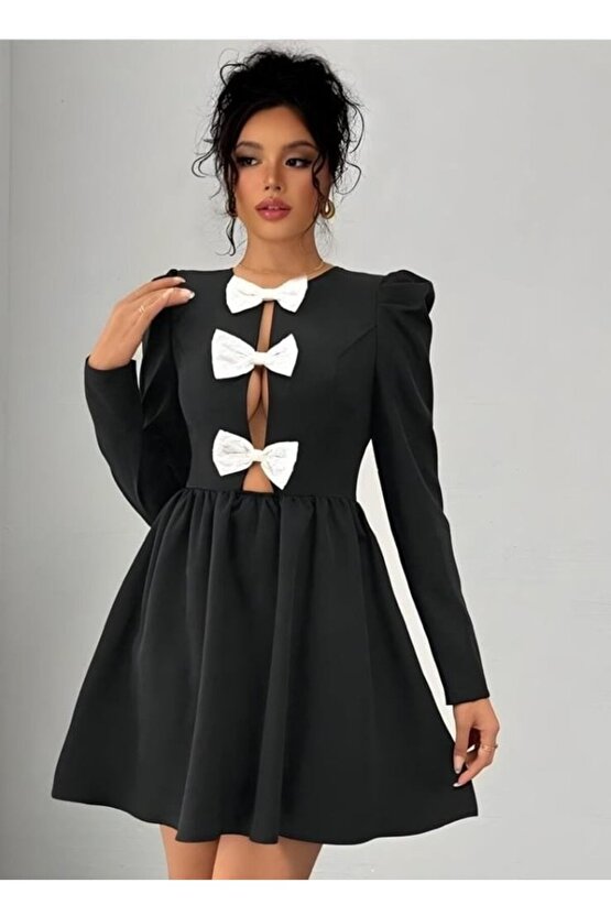 Gökyüzü Moda Kadın Dalgıç Kumaş Fiyonk Detaylı Uzun Kollu Mini Boy Elbise