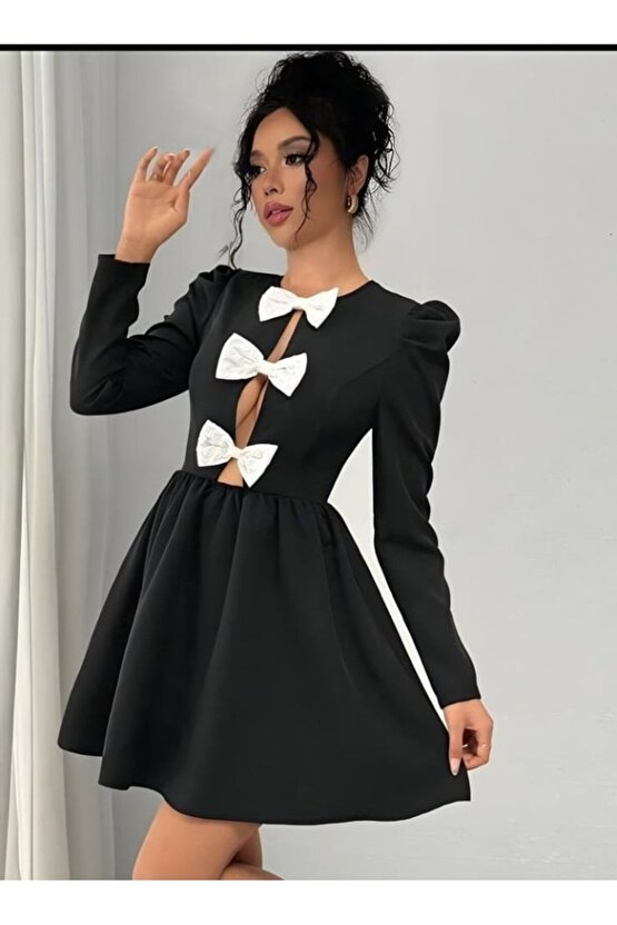 Gökyüzü Moda Kadın Dalgıç Kumaş Fiyonk Detaylı Uzun Kollu Mini Boy Elbise