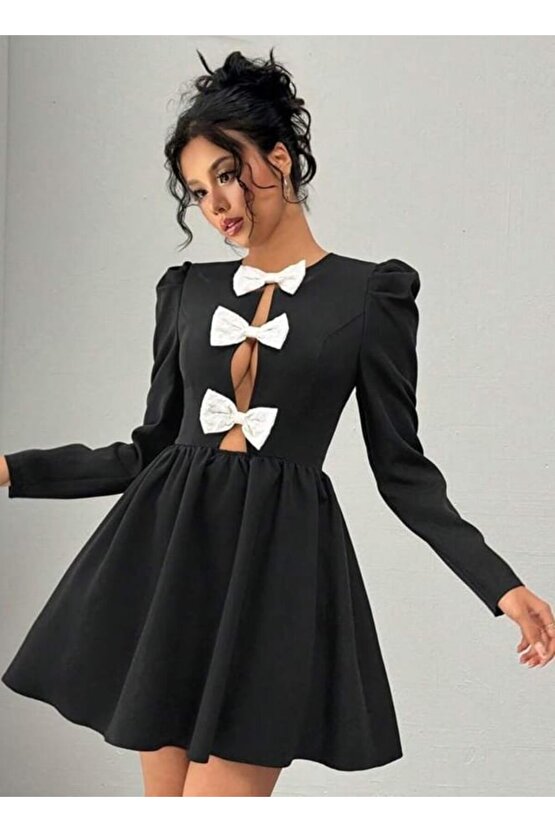 Gökyüzü Moda Kadın Dalgıç Kumaş Fiyonk Detaylı Uzun Kollu Mini Boy Elbise