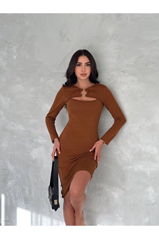 Gökyüzü Moda Kadın Uzun Kollu Halka Ve Pencere Dekolte Detay Fırsat ürün Midi Boy Elbise