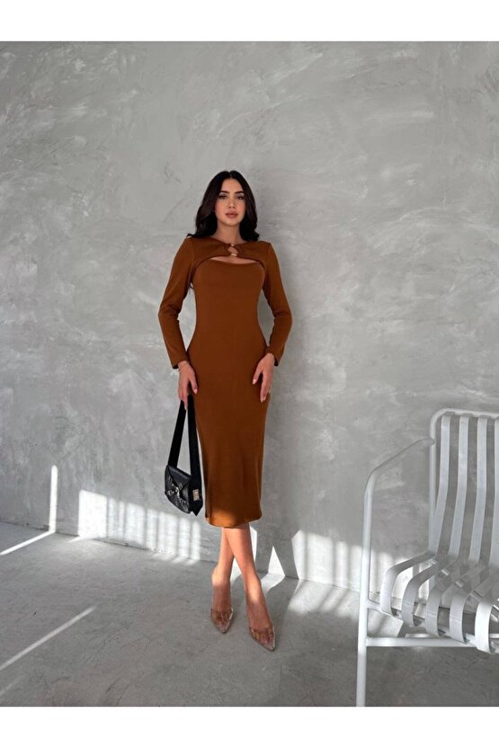 Gökyüzü Moda Kadın Uzun Kollu Halka Ve Pencere Dekolte Detay Fırsat ürün Midi Boy Elbise