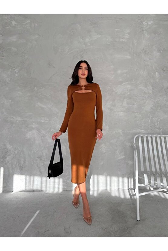 Gökyüzü Moda Kadın Uzun Kollu Halka Ve Pencere Dekolte Detay Fırsat ürün Midi Boy Elbise
