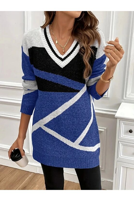 Kadın Uzun Kollu V Yakalı Kısa Triko Elbise