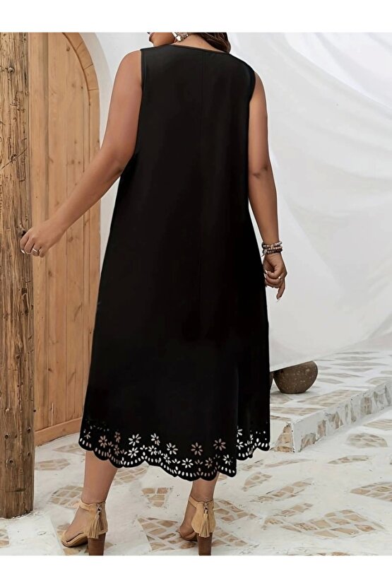 Kadın Kolsuz Etek Ucu Lazer Kesim çiçek Desenli Midi Boy Ithal Krep Elbise