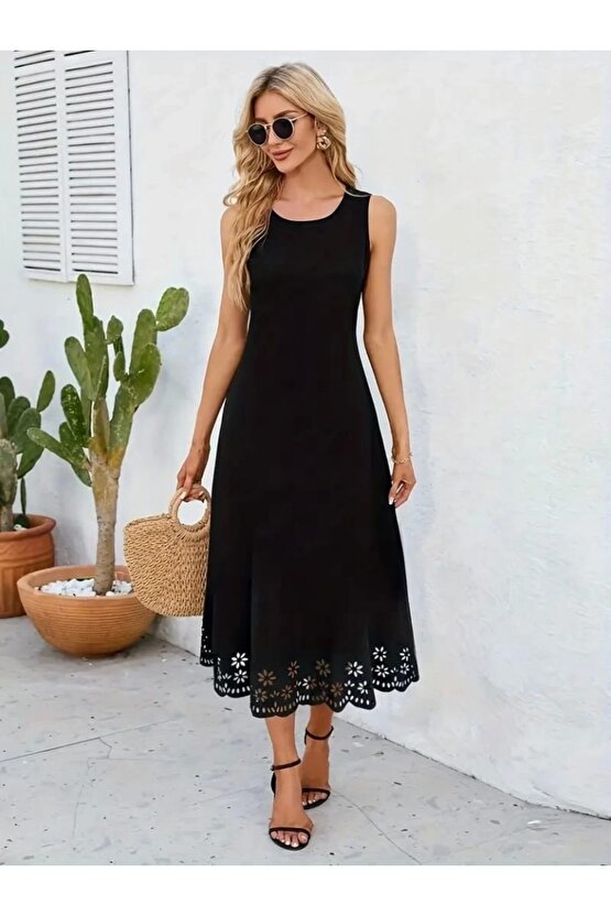 Kadın Kolsuz Etek Ucu Lazer Kesim çiçek Desenli Midi Boy Ithal Krep Elbise