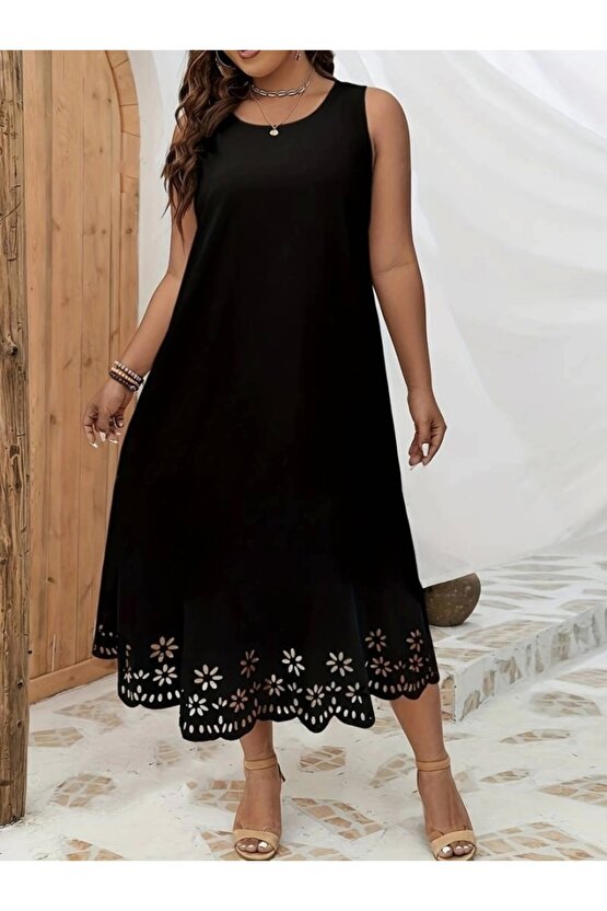 Kadın Kolsuz Etek Ucu Lazer Kesim çiçek Desenli Midi Boy Ithal Krep Elbise