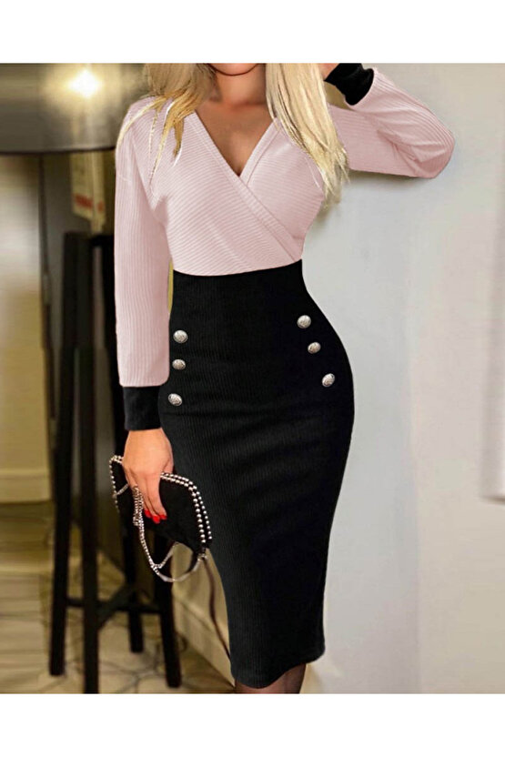 Gökyüzü Moda Kadın Uzun Kollu Kruvaze Yakalı Düğme Blok Desenli Kaşkorse Elbise