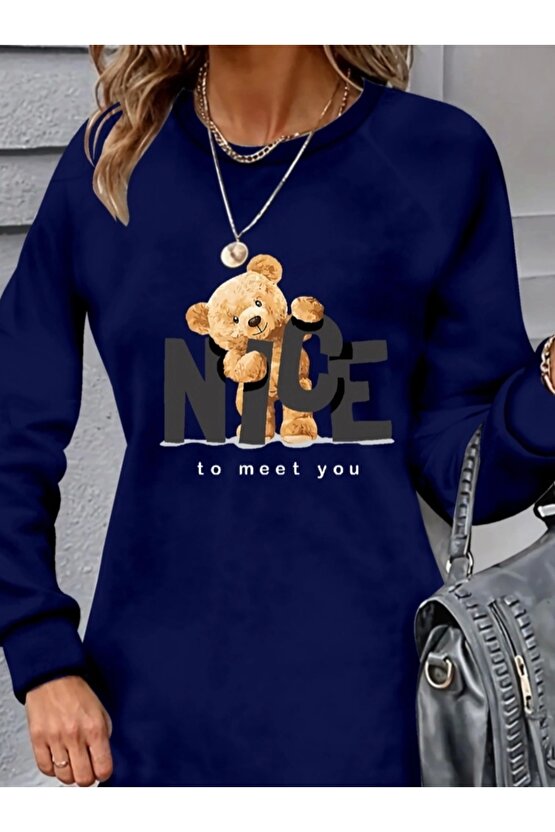 Kadın Uzun Kollu Bisiklet Yaka Ayı Desenli Viskon Iki Iplik Elbise