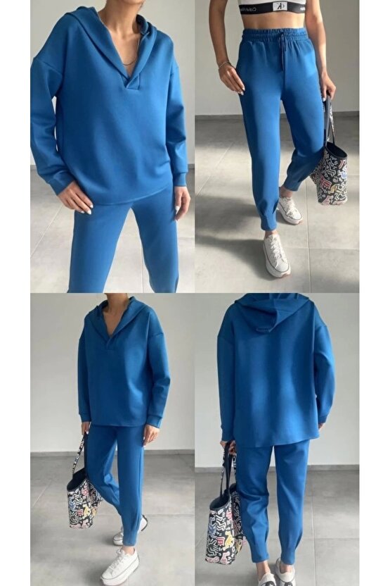 Kadın Uzun Kol V Yaka Kapüşon Detay weat Ve Yüksel Bel Eşofman Ikili Takım