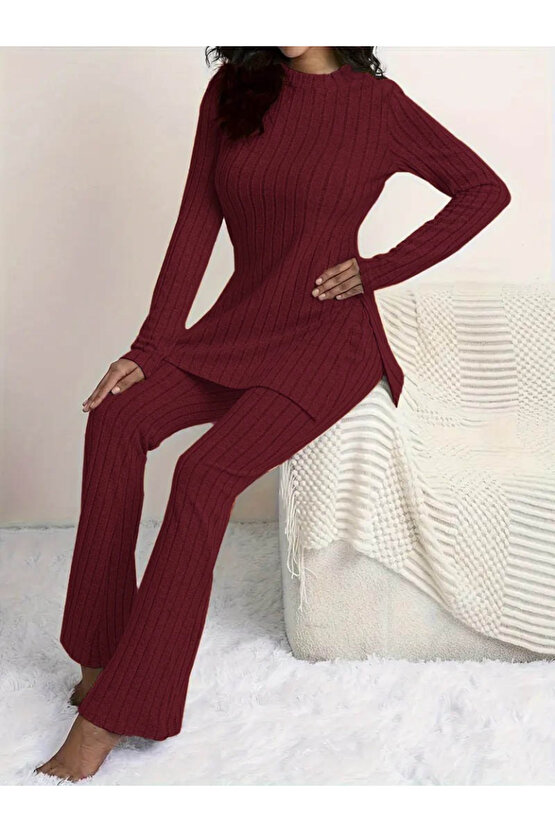 Gökyüzü Moda Kadın Uzun Kollu Yuvarlak Yaka Yandan Yırtmaç Detaylı şardonlu Kaşkorse Bluz Ve Pantolo