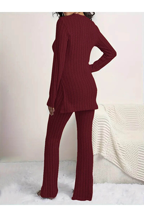 Gökyüzü Moda Kadın Uzun Kollu Yuvarlak Yaka Yandan Yırtmaç Detaylı şardonlu Kaşkorse Bluz Ve Pantolo