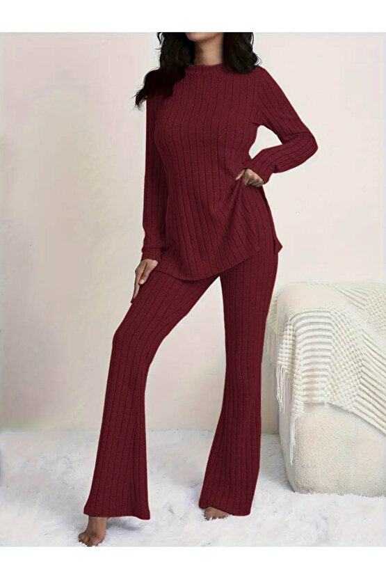 Gökyüzü Moda Kadın Uzun Kollu Yuvarlak Yaka Yandan Yırtmaç Detaylı şardonlu Kaşkorse Bluz Ve Pantolo