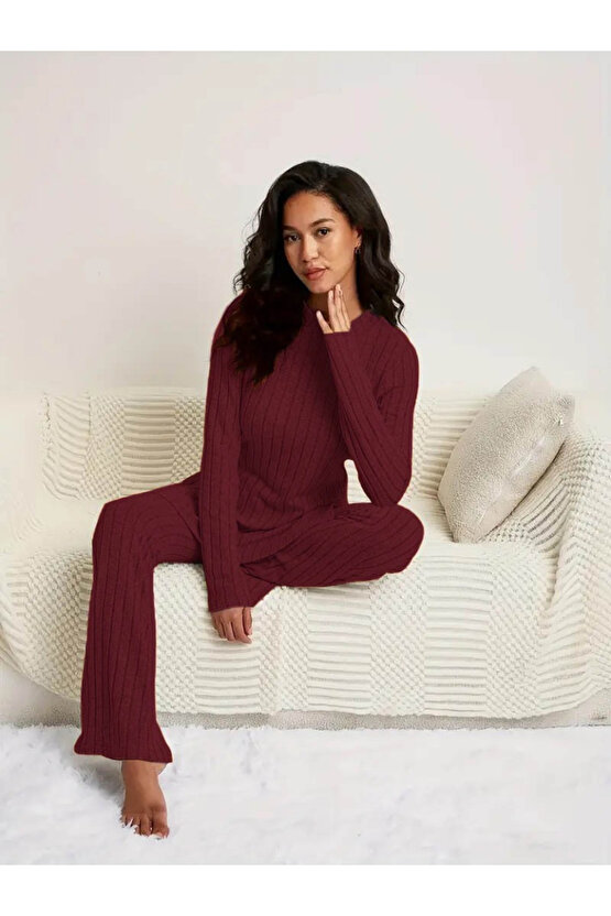 Gökyüzü Moda Kadın Uzun Kollu Yuvarlak Yaka Yandan Yırtmaç Detaylı şardonlu Kaşkorse Bluz Ve Pantolo