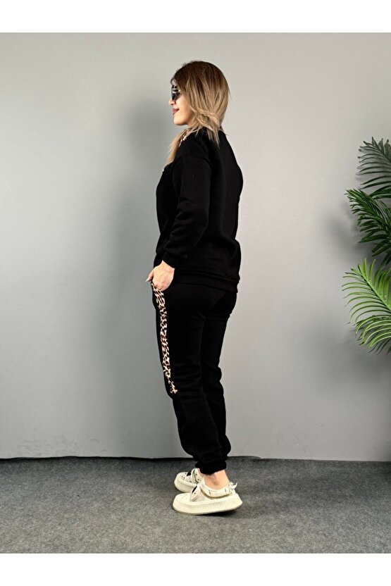 Gökyüzü Moda Kadın üç Iplik Kumaş Leopar Desenli Dantel Detaylı Ikili Takım