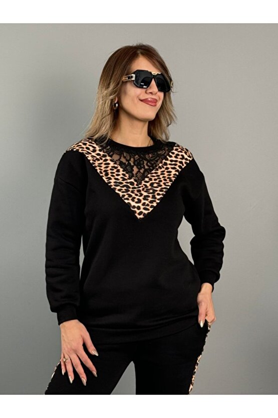 Gökyüzü Moda Kadın üç Iplik Kumaş Leopar Desenli Dantel Detaylı Ikili Takım