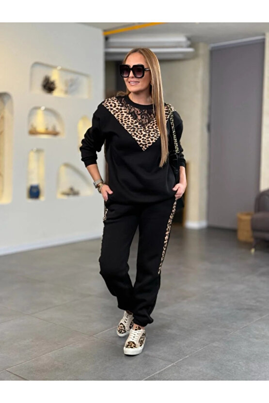 Gökyüzü Moda Kadın üç Iplik Kumaş Leopar Desenli Dantel Detaylı Ikili Takım