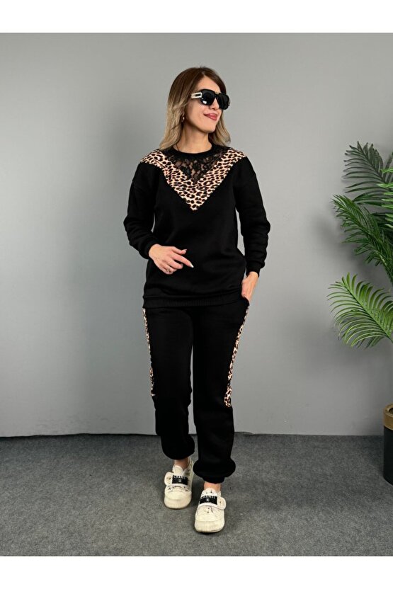 Gökyüzü Moda Kadın üç Iplik Kumaş Leopar Desenli Dantel Detaylı Ikili Takım