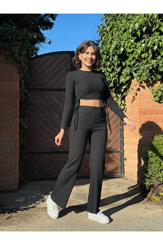 Gökyüzü Moda Kadın Yandan Bağlamalı Geniş Paçalı Fitil Kaşkorse İkili Takım