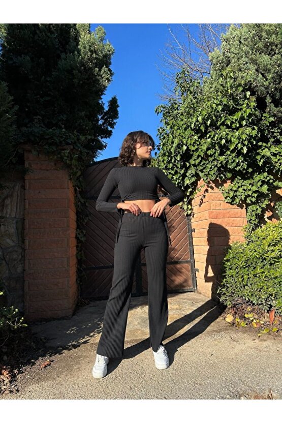 Gökyüzü Moda Kadın Yandan Bağlamalı Geniş Paçalı Fitil Kaşkorse İkili Takım