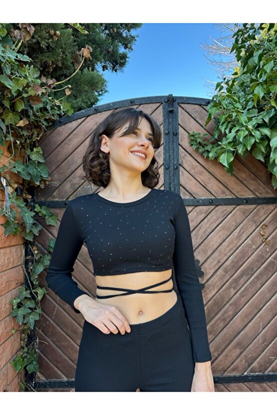 Gökyüzü Moda Kadın Paçası Yırtmaç Detaylı Taşlı Bel Bağlamalı Kaşkorse İkili Takım