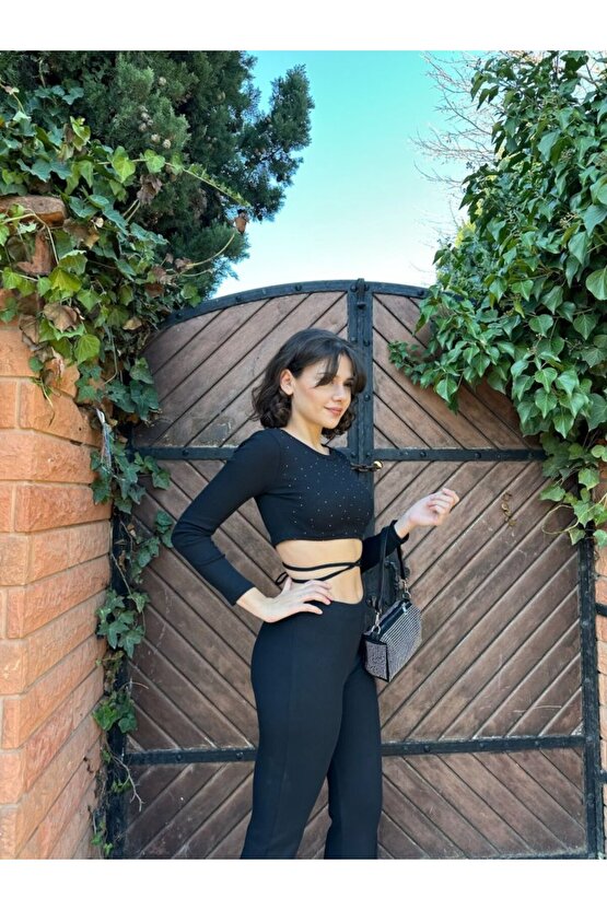 Gökyüzü Moda Kadın Paçası Yırtmaç Detaylı Taşlı Bel Bağlamalı Kaşkorse İkili Takım