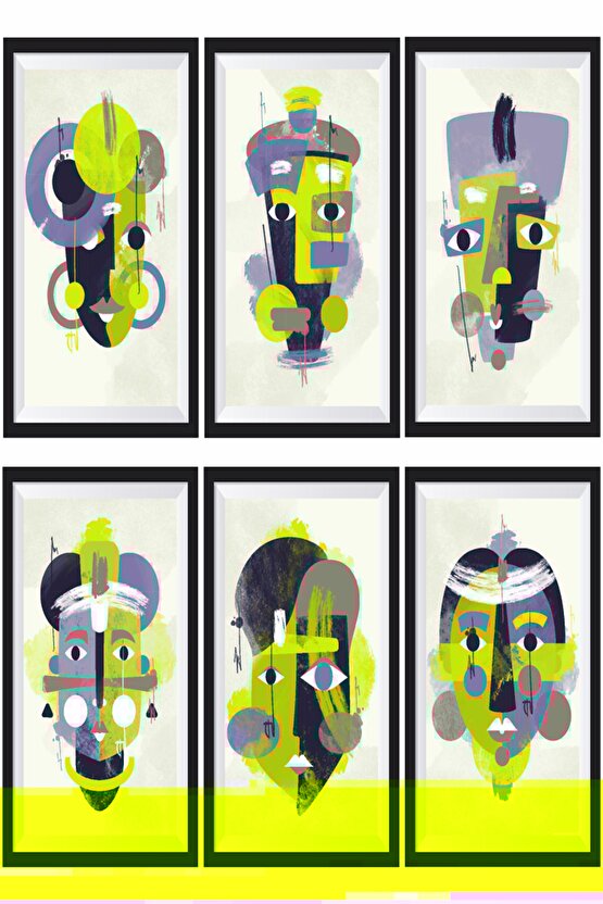 Afrika Mask Dekorasyon Sanat 6lı Mini Çerçeve Görünümlü Ahşap Poster Seti