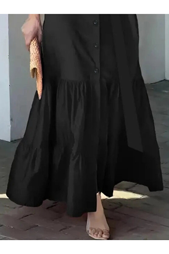 Kadın Uzun Kollu Eteği Fırfırlı Beli Kuşaklı Trikoton Tam Boy Gömlek Elbise