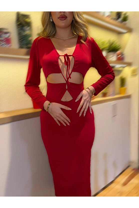 Kadın Uzun Kollu Göğüs Ve Göbek Dekolte Detay Sandy Midi Boy Elbise