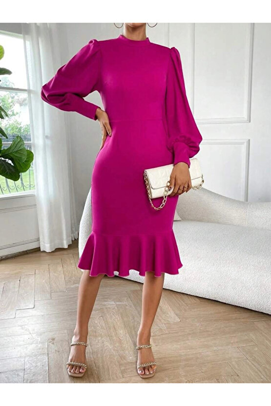Kadın Uzun Kollu Yarı Balıkçı Yaka Etek Ucu Fırfır Detaylı Midi Ithal Krep Elbise