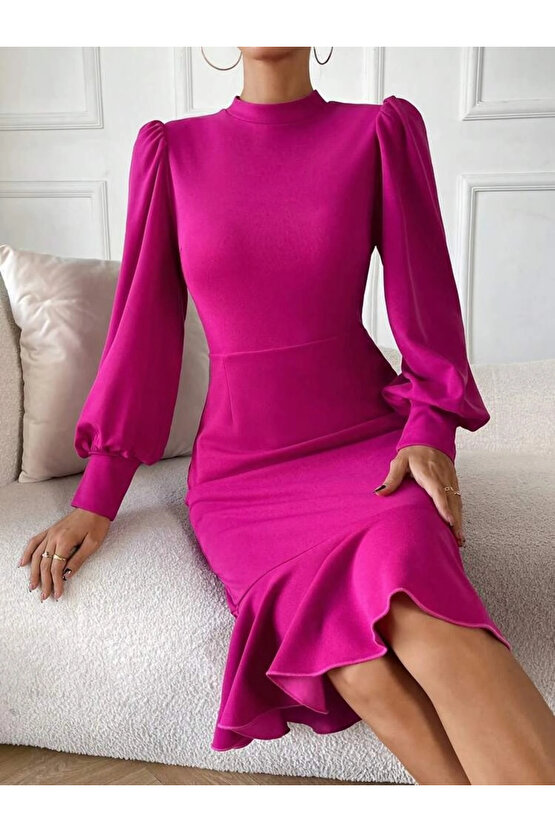 Kadın Uzun Kollu Yarı Balıkçı Yaka Etek Ucu Fırfır Detaylı Midi Ithal Krep Elbise