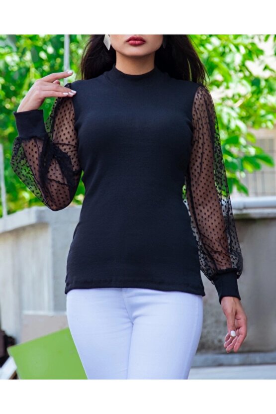 Kadın iyah Kolu Tül Detaylı Yarım Balıkçı Kaşkorse Bluz
