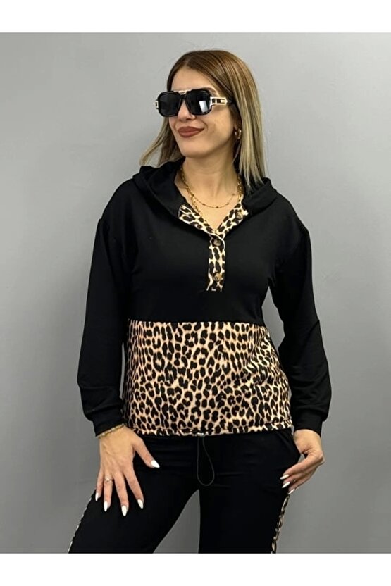 Kadın Uzun Kollu Leopar Detay weat Ve Yanı Leopar şerit Detay Pantolon Ikili Takım