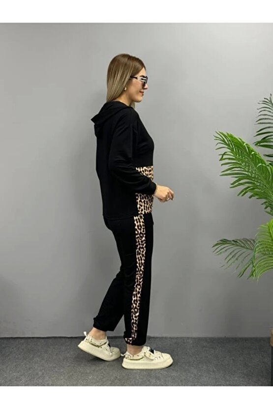Kadın Uzun Kollu Leopar Detay weat Ve Yanı Leopar şerit Detay Pantolon Ikili Takım