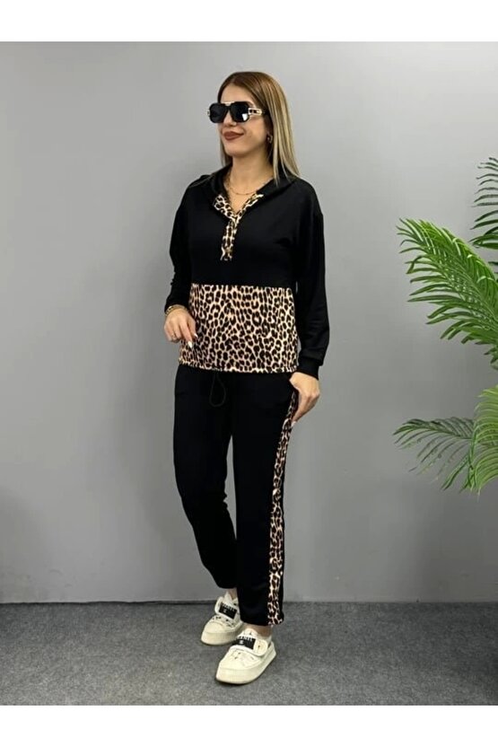 Kadın Uzun Kollu Leopar Detay weat Ve Yanı Leopar şerit Detay Pantolon Ikili Takım