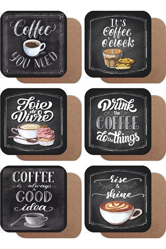Kahve Zamanı 6lı Retro Vintage Ahşap Bardak Altlığı Seti