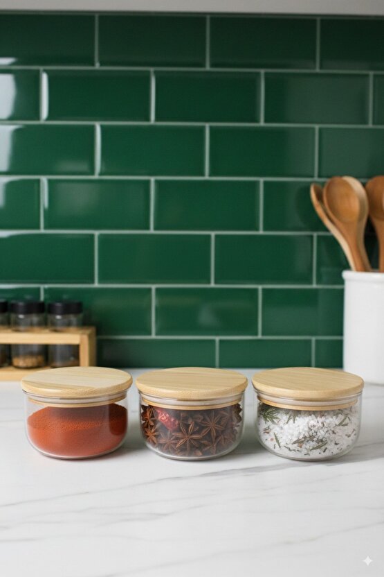 3lü Ahşap kapaklı cam baharatlık takımı 300 ml Vakum kapaklı (Etiket Hediyeli)