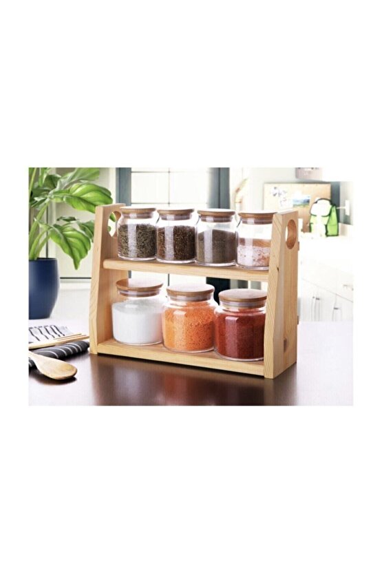 Gönül Collection - Baharat Takımı Cam 7 Li Ahşap Standlı