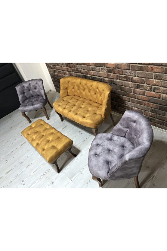 Sarı ve Gri Çay Seti Berjer Koltuk Takımı 2+1+1 Koltuk Bench Bank