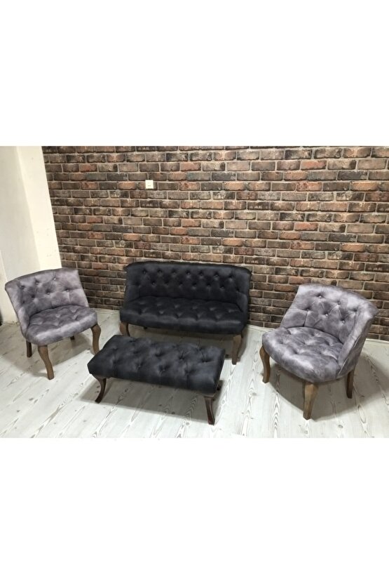 Antrasit Gri Çay Seti Berjer Koltuk Takımı 2+1+1 Koltuk Ve Bench Bank