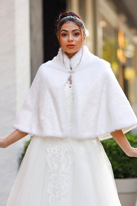 Gelin Etol Pelerin Kürk Ceket Kırık Beyaz