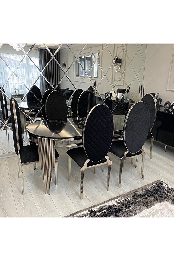 Lazer Kesim Sandalye Piyano Masa Ultra Lüx Yemek Masası Takımı Kaplama Paslanmaz Metal