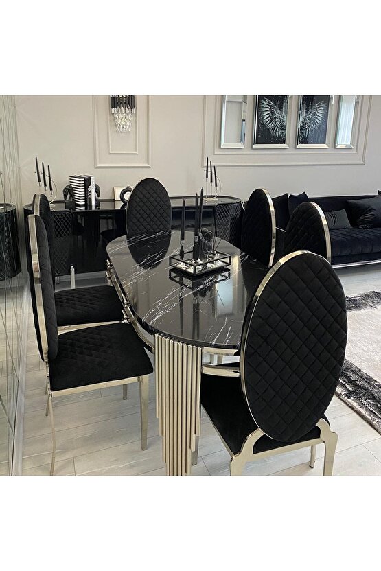 Lazer Kesim Sandalye Piyano Masa Ultra Lüx Yemek Masası Takımı Kaplama Paslanmaz Metal