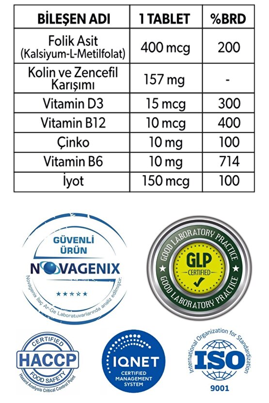 Folikolin D, Folik Asit, Kolin, Zencefil, Vitamin D B6 B12, Iyot Ve Çinko, 30 Tablet 3 Kutu